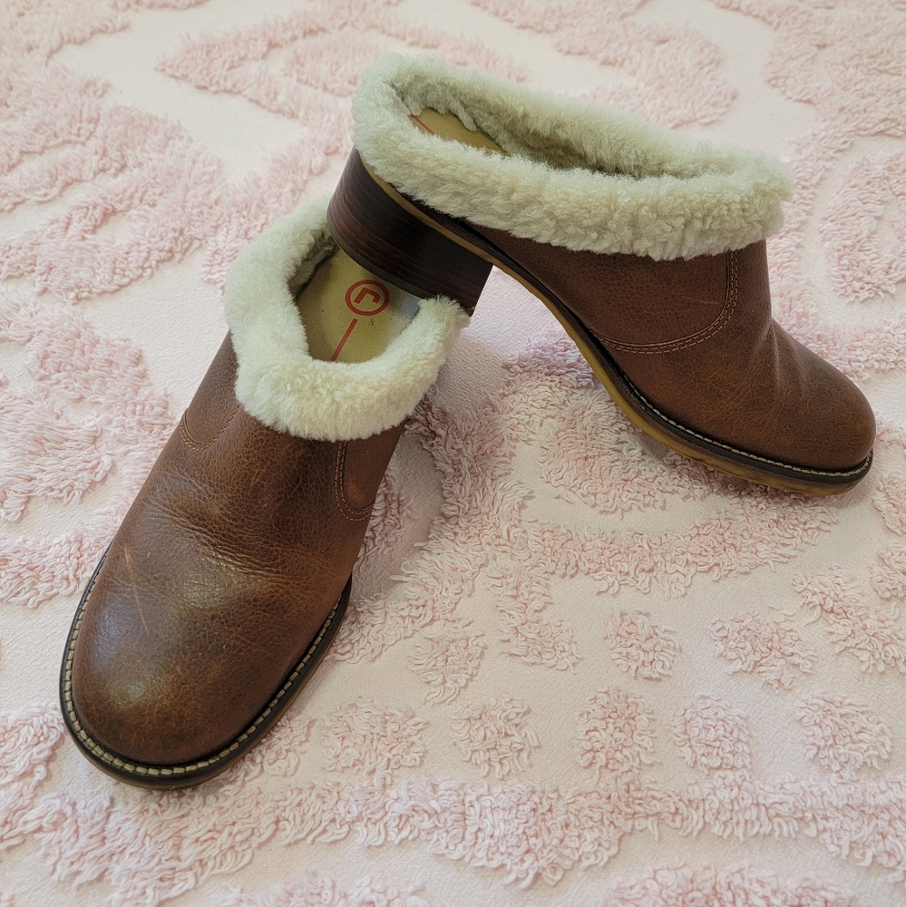 Rockport‎ Shearling Lined Brown Leather Slides Mules Shoes Size 7.5